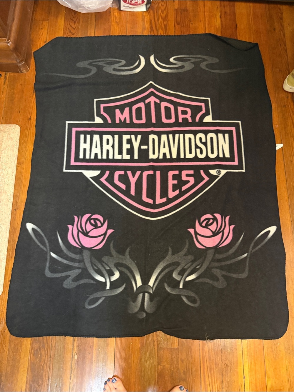 Harley-Davidson Black Throw with Pink and Gray Emblem and Roses